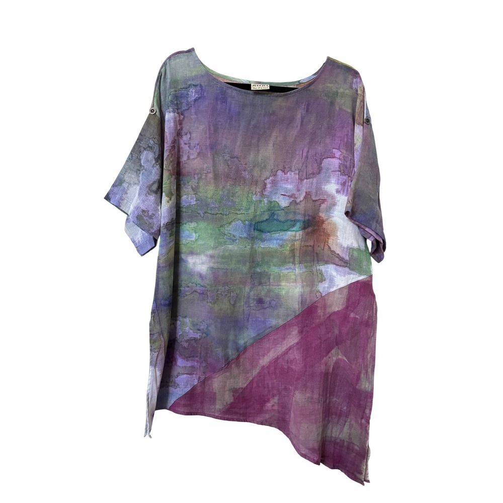 Sucesos Hand Painted Tunic Top L/XL Purple Green Abstract Gauze Art to Wear